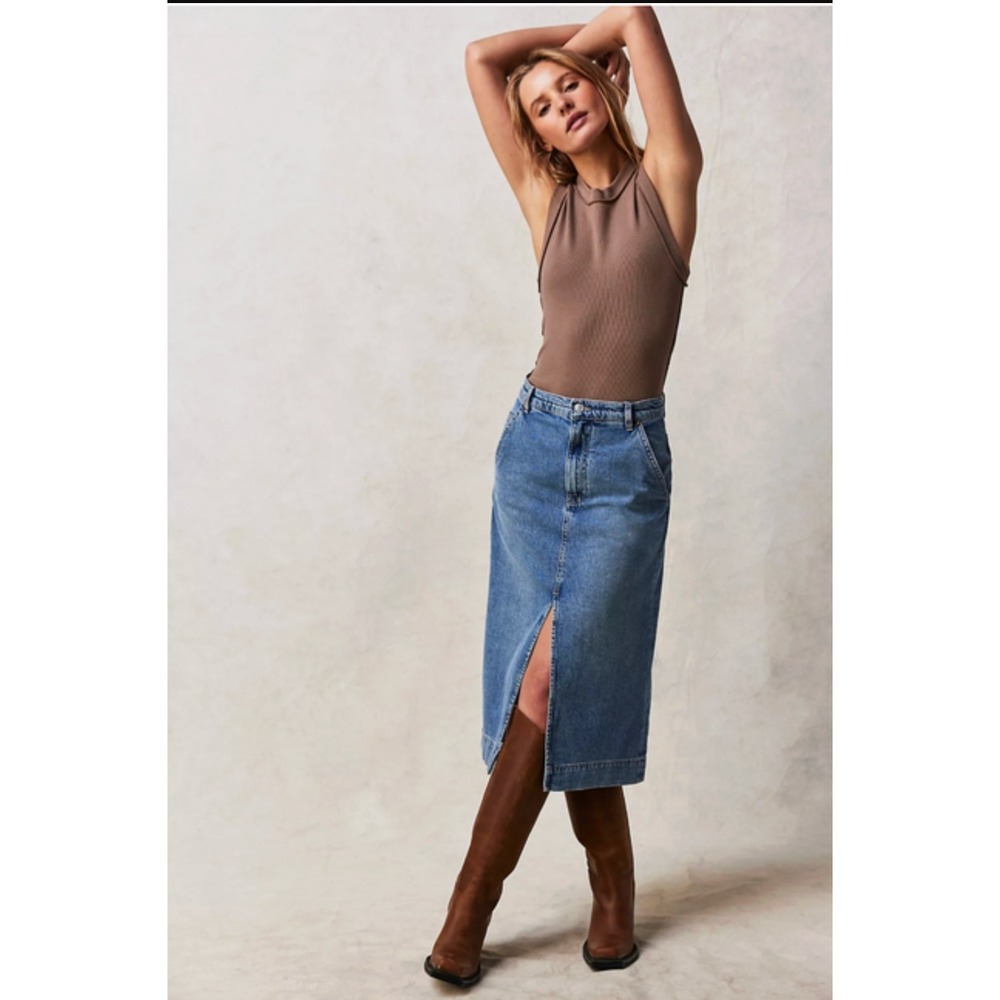 We The Free Wild Roses Denim Midi Skirt Indigo Blue Front Slit NWT Size 27